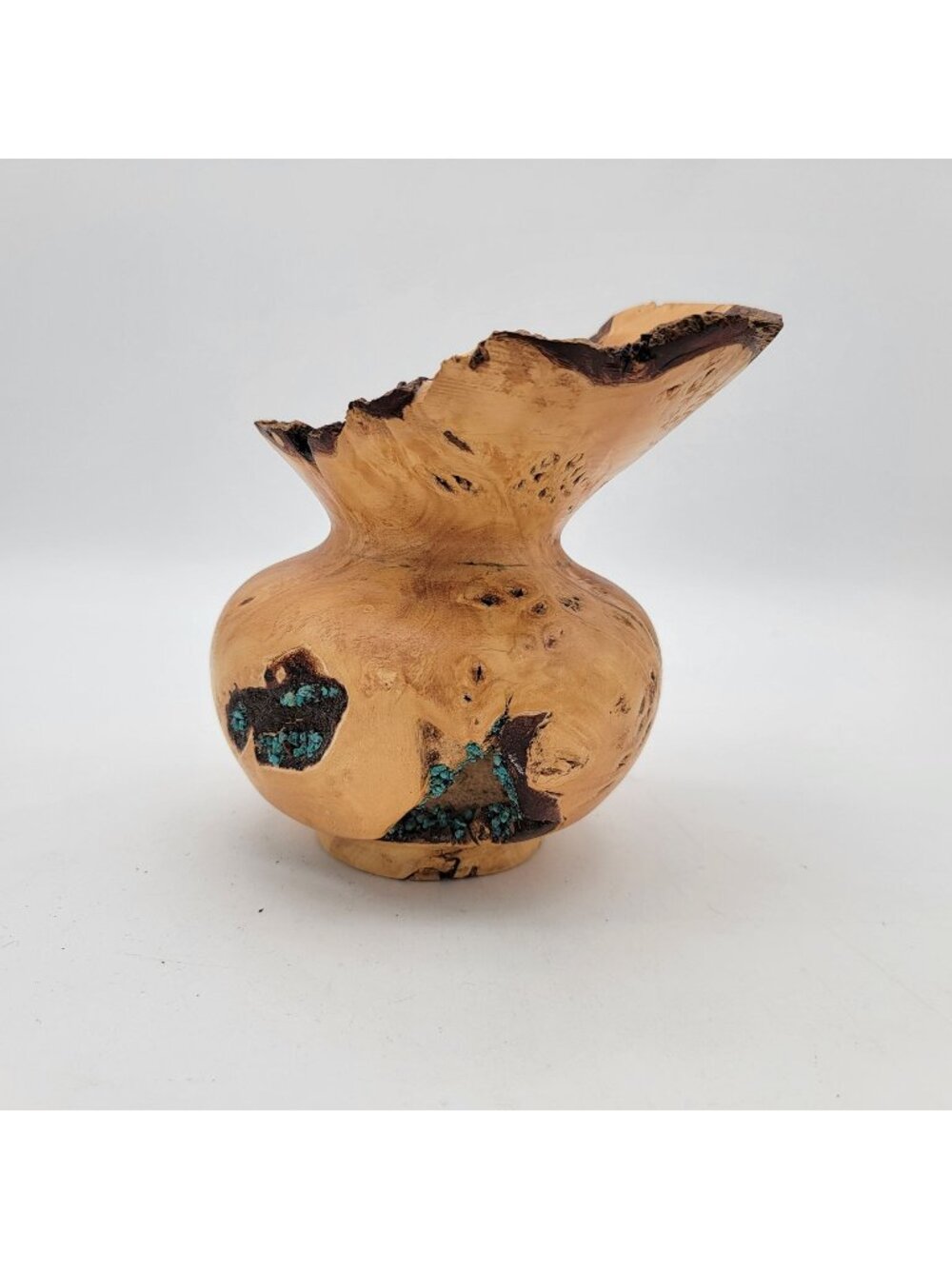 Natural Raw Edge Burl Wood Vase With Turquoise Inlay Handcrafted